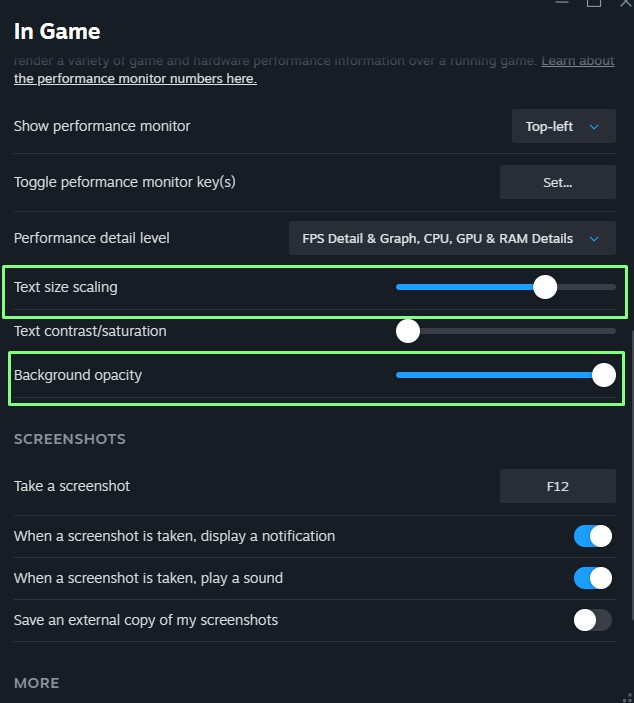 Rozmiar tekstu i krycie tła monitora Steam