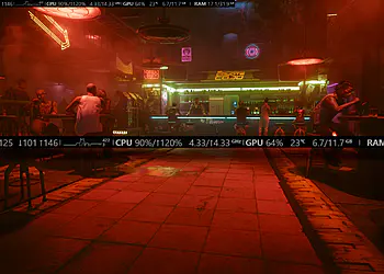 Steam Performance Monitor – So verwenden Sie den Performance Monitor im Spiel: Beispiel eines Overlays mit FPS, CPU- und GPU-Auslastung, Temperatur und RAM in einem Videospiel mit einer Statistikleiste auf dem Bildschirm.