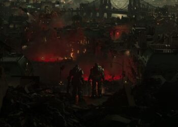 Requisitos Gears of War E-Day PC – escena oscura con dos soldados armados observando una ciudad en ruinas y en llamas durante la invasión en un entorno urbano devastado.