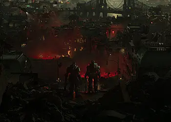 Gears of War E-Day PC-Anforderungen – Dunkle Szene mit zwei bewaffneten Soldaten, die während der Invasion in einer verwüsteten urbanen Umgebung eine zerstörte und brennende Stadt beobachten.