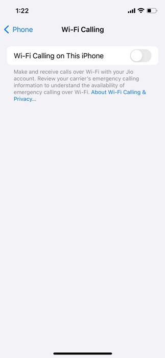 Tombol diaktifkan untuk panggilan Wi-Fi di iPhone