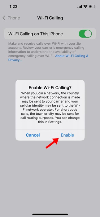Konfirmasikan aktivasi panggilan Wi-Fi di iPhone