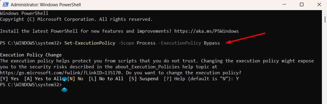 PowerShell-Bildschirm mit dem Code für die Ausführungsumgehung.