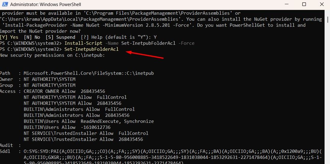 Beispielbefehl zum Erstellen des Ordners inetpub mit speziellen Berechtigungen in PowerShell.