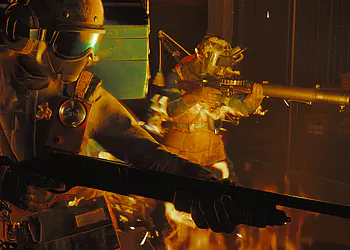 Armas FBC Firebreak: desbloqueo y prioridades - operadores tácticos con escopeta y lanzallamas en combate rodeados de fuego en escena intensa del videojuego.