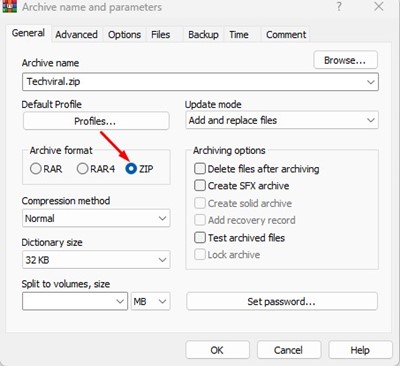Wählen Sie das ZIP-Format in WinRAR aus.