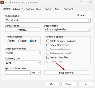 Legen Sie ein Passwort in WinRAR fest