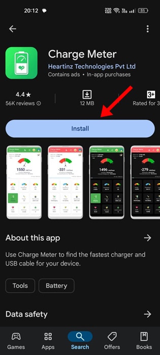App-laadmeter die de laadstroom en -spanning weergeeft.
