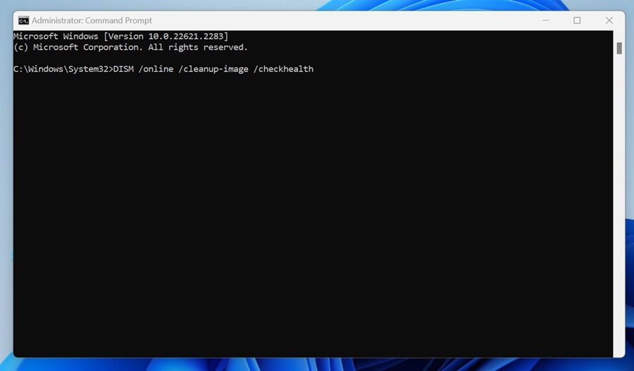 DISM CheckHealth command output to check the health of the Windows image