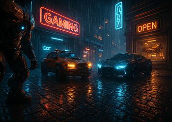 DirectX Raytracing 1.2: Muhteşem grafiklerle oyunlarda devrim yaratın ✨🔥 14 DirectX Raytracing 1.2 - Gerçek zamanlı ışın izleme teknolojisiyle ıslak bir sokakta geçen siberpunk video oyunu sahnesi, neon ışıklarla aydınlatılmış fütüristik arabalar ve dev bir robot, gelişmiş grafikler ve DirectX Raytracing 1.2 ile 2,3 kata kadar daha hızlı performans sergiliyor.