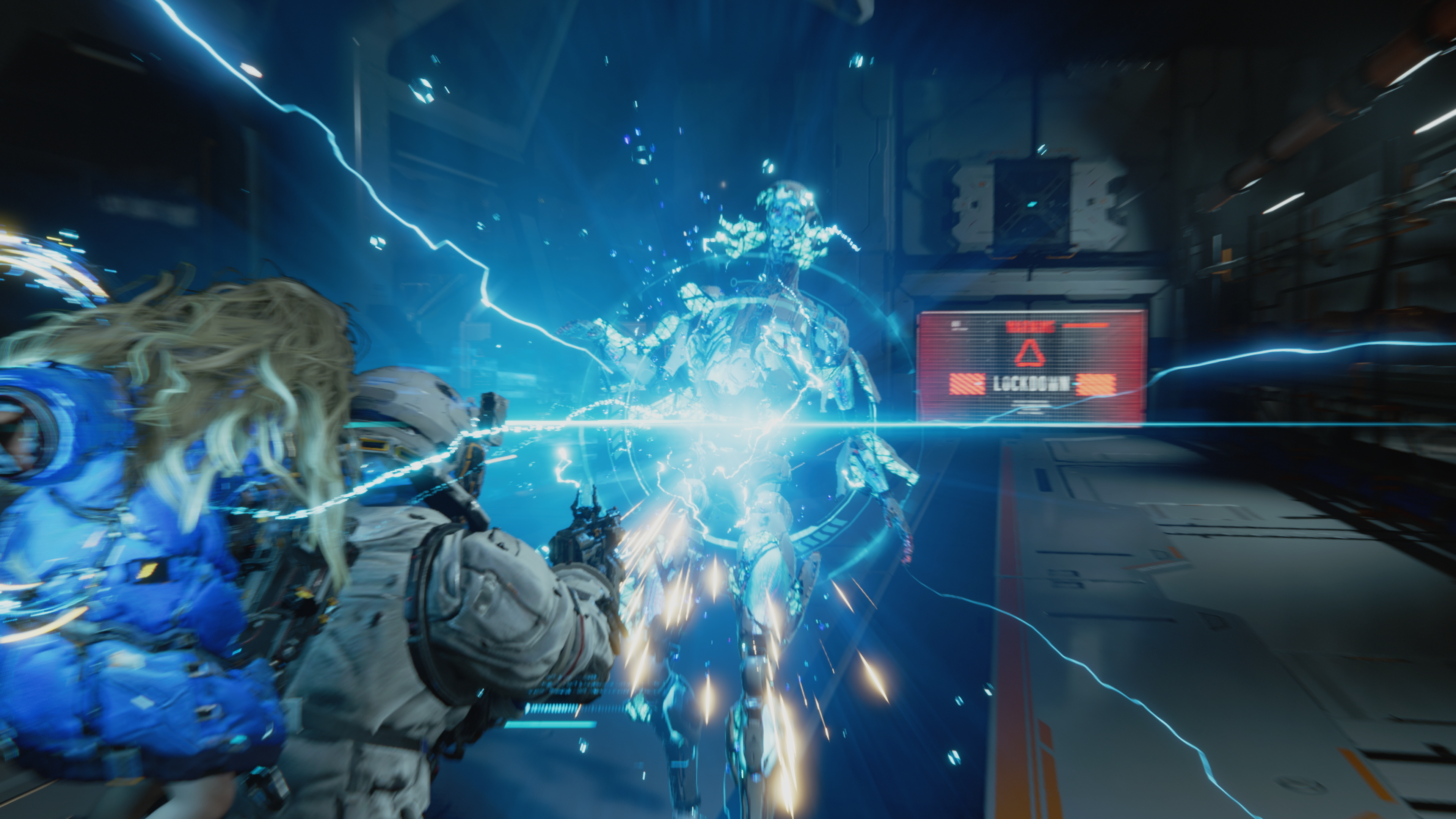 Робот взрывается синим светом в Прагмате во время боя