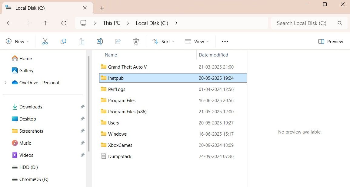 Der Ordner inetpub ist auf dem Laufwerk C des Windows-Systems sichtbar.