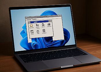 Vecchi programmi: un portatile con Windows 11 che esegue sullo schermo un vecchio programma in stile retrò, che illustra come utilizzare software classici in Windows 11 senza complicazioni.