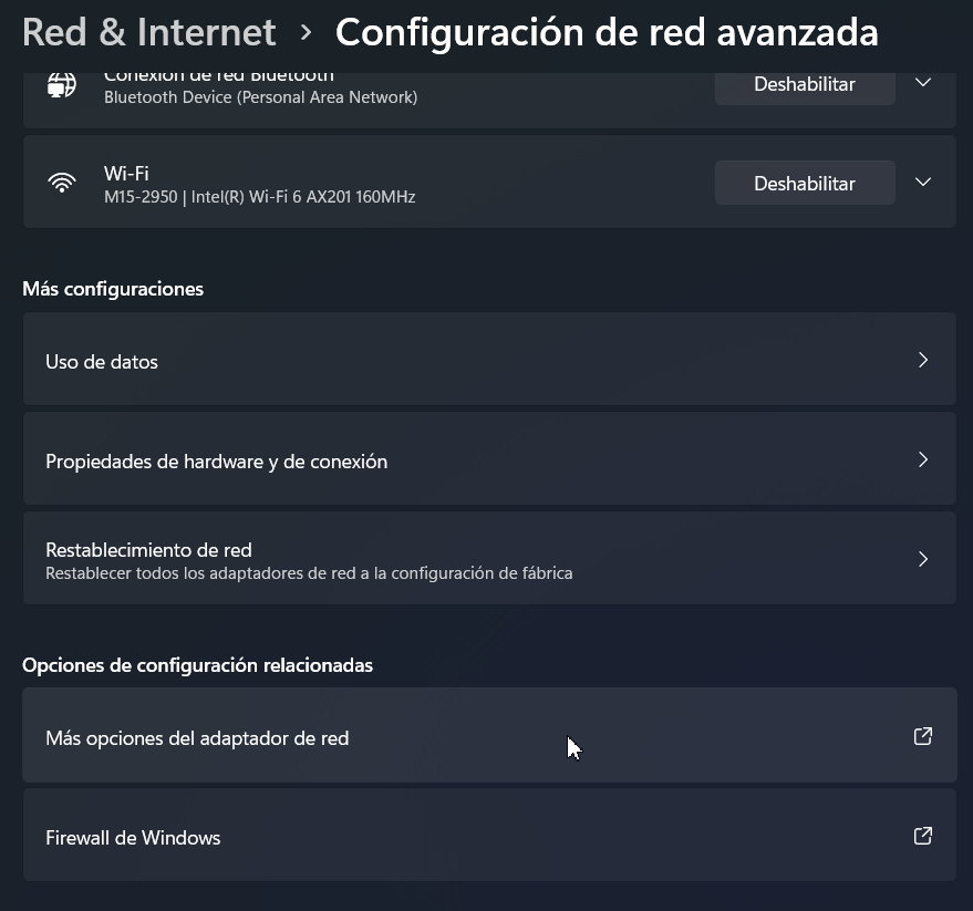 Haz clic en «Más opciones del adaptador de red»