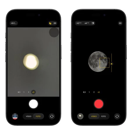 Comparación entre una foto lunar sobreexpuesta y una imagen con exposición reducida durante la grabación de vídeo