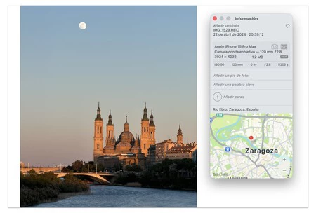 Luna visible sobre Zaragoza durante el atardecer, fotografiada con un iPhone 15 Pro Max