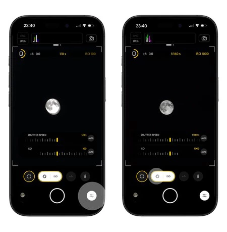 Controles de velocidad de obturación e ISO de Project Indigo aplicados a una fotografía de la Luna