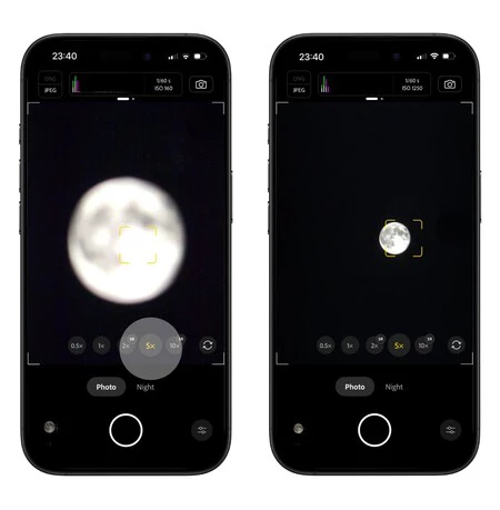Comparación de encuadre lunar con zoom digital elevado y con el teleobjetivo seleccionado en Project Indigo