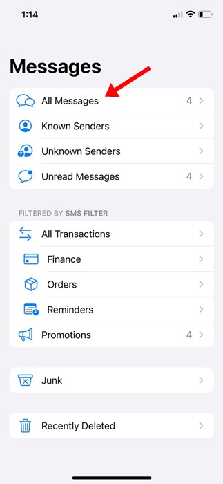 Mensajes leídos en iPhone: guía para iOS actual 36 Opción Todos los mensajes dentro de los filtros de Mensajes en iPhone