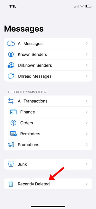 Mensajes leídos en iPhone: guía para iOS actual 58 Carpeta Eliminados recientemente en la aplicación Mensajes del iPhone