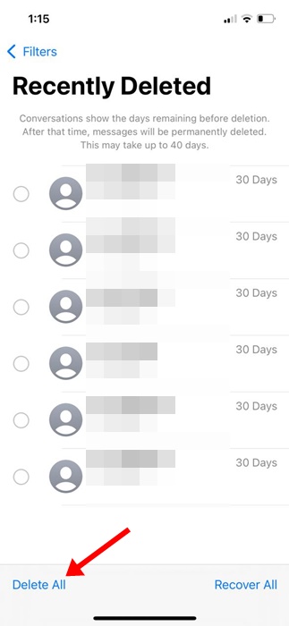 Mensajes leídos en iPhone: guía para iOS actual 60 Opción Eliminar todo para borrar definitivamente conversaciones en iPhone