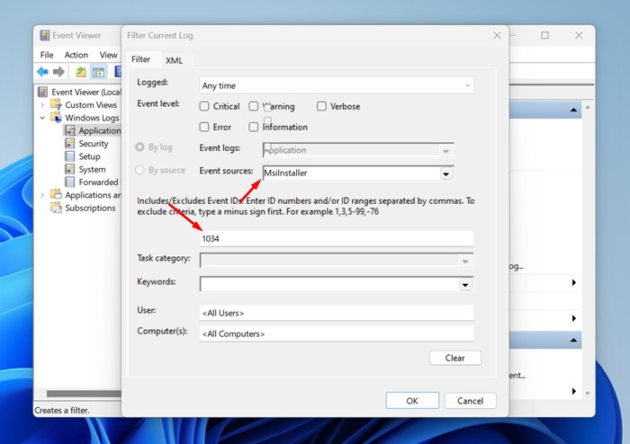 Filtro de MsiInstaller con el identificador de evento 1034