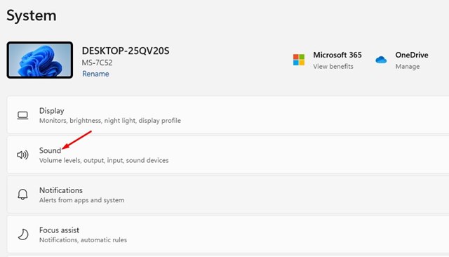 Opción Sonido dentro de Sistema en Windows 11
