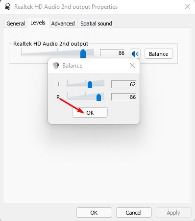 Controles L y R para ajustar el balance de audio en Windows 11