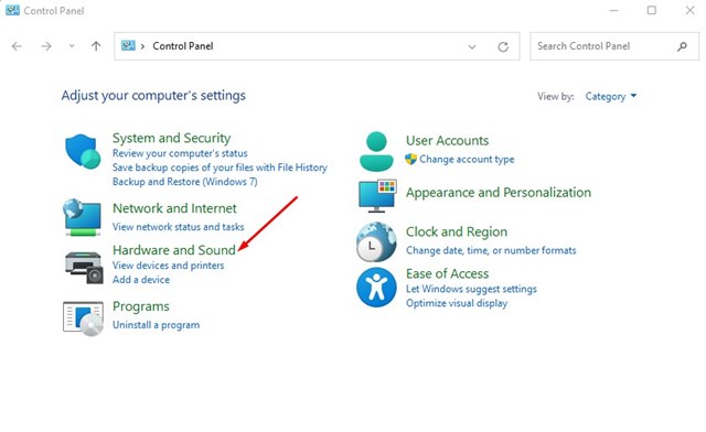 Categoría Hardware y sonido del Panel de control de Windows 11