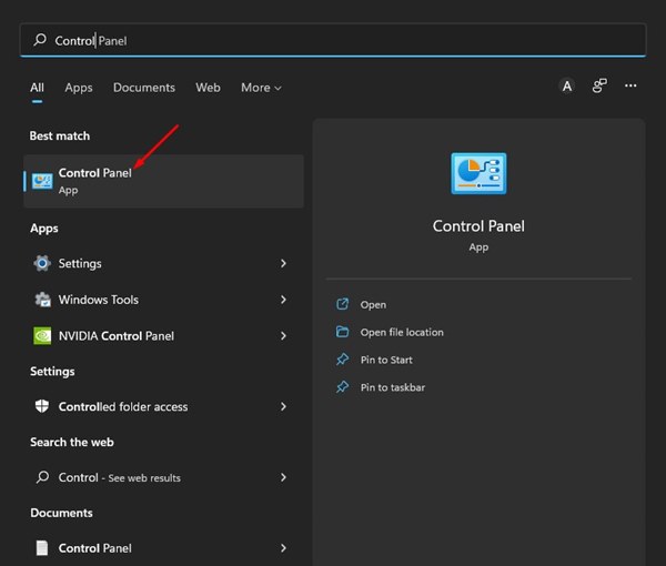 Panel de control abierto en Windows 11