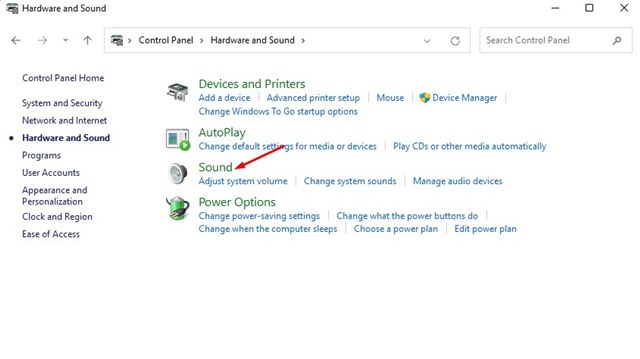 Opción Sonido dentro de Hardware y sonido