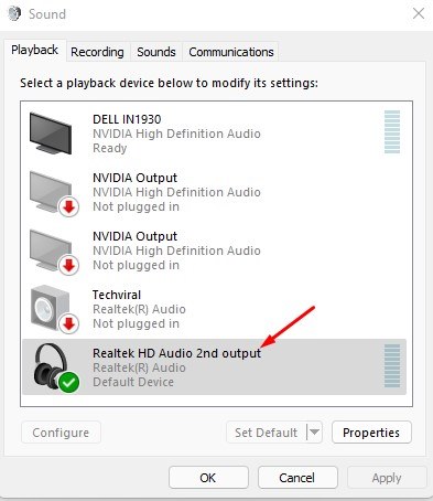Dispositivo de reproducción seleccionado en la ventana Sonido