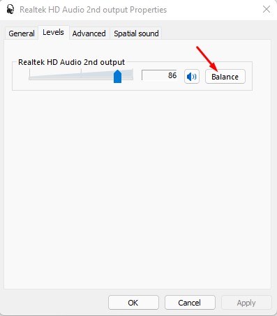 Botón Balance en la pestaña Niveles de las propiedades de audio