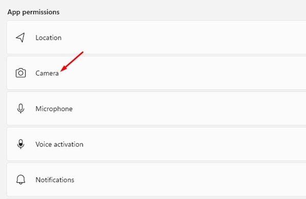 Opção de câmera nas permissões de aplicativos em Privacidade e Segurança do Windows 11.