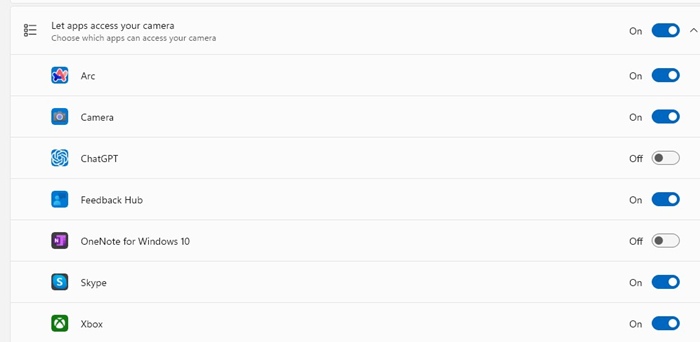 Lista de aplicativos da Microsoft Store com permissões individuais para usar a webcam.