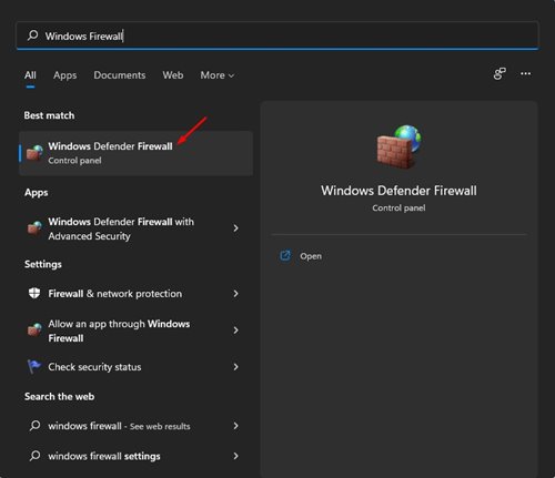 Windows 11 Başlangıç ​​Menüsünde Windows Güvenlik Duvarı'nı aramak