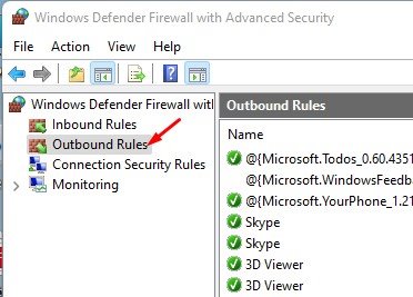 Gelişmiş güvenlik özelliklerine sahip Windows Güvenlik Duvarı Giden Kurallar paneli.