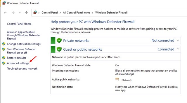 Gelişmiş Windows Güvenlik Duvarı ayarlarına bağlantı