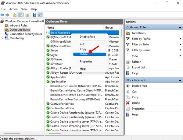 Windows Güvenlik Duvarı'nda kuralı devre dışı bırakma seçeneği