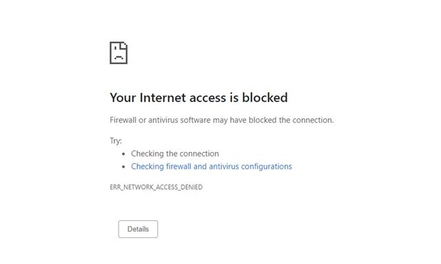 Bir siteye bağlantıyı engellerken tarayıcıda oluşan hata örneği