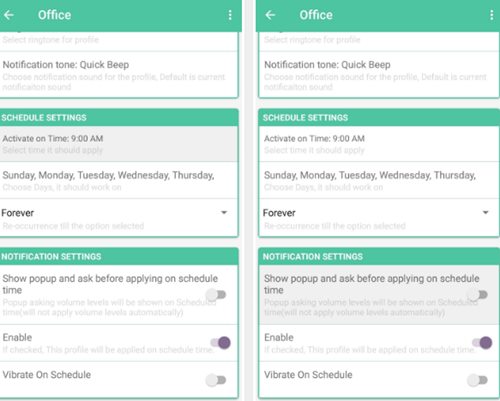 Lijst met volumeprofielen die zijn ingeschakeld in Volume Scheduler.