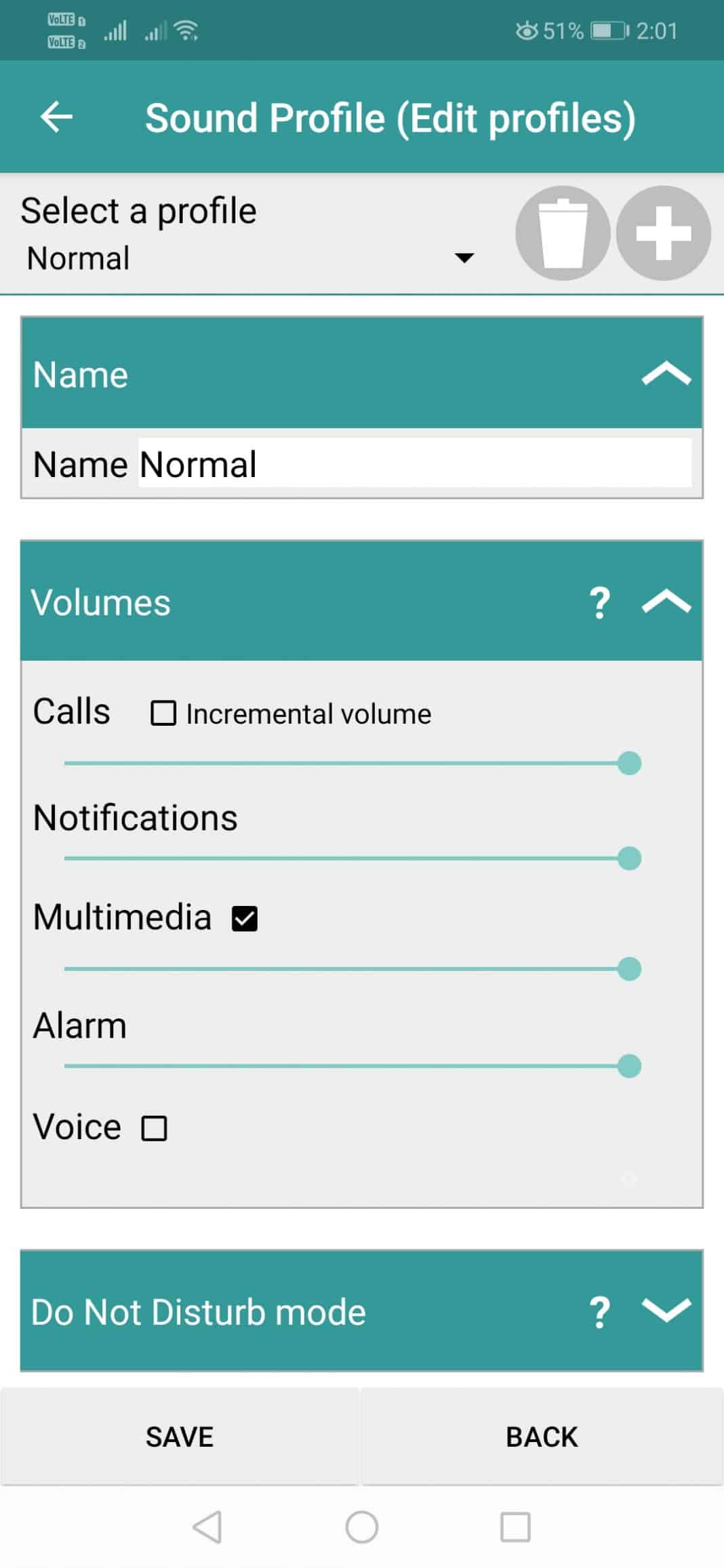 Volumeniveaus geconfigureerd binnen een geluidsprofiel