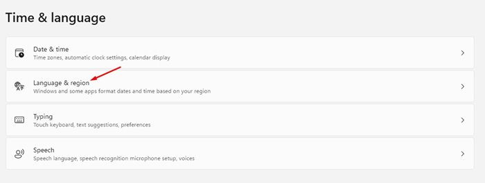 Экран настроек языка и региона в Windows 11
