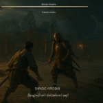 Assassins Creed Shadows elimina al verdugo - Alt text: "Screenshot from Assassin's Creed Shadows showing an intense nighttime duel between the protagonist and the armored executioner Shindo Hiroshii in a dimly lit traditional Japanese village setting with fire and villagers in the background."
