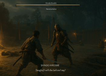 لقطة شاشة من لعبة Assassin's Creed Shadows تُظهر مبارزة ليلية مكثفة بين بطل الرواية والجلاد المدرع Shindo Hiroshii في قرية يابانية تقليدية ذات إضاءة خافتة مع وجود النار والقرويين في الخلفية.