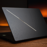 Asus ROG Zephyrus G16 2025 ¿Rey híbrido de juego y trabajo? - Alt text: "Asus ROG Zephyrus G16 2025 sleek black gaming laptop partially open on wooden desk with glowing diagonal light strip on lid, designed for hybrid gaming and work performance."