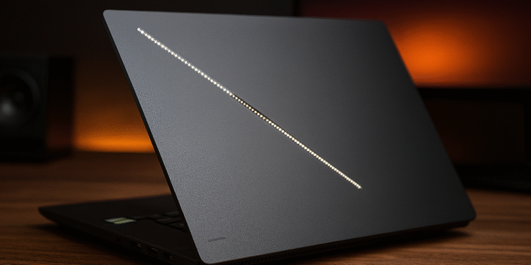 Asus ROG Zephyrus G16 2025 Hybrid, raja bermain dan bekerja? - Teks alternatif: "Laptop gaming hitam ramping Asus ROG Zephyrus G16 2025, sebagian terbuka di atas meja kayu dengan strip lampu diagonal yang menyala di tutupnya, dirancang untuk gaming hybrid dan performa kerja."