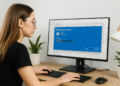 Zmiana typu konta w systemie Windows 11 — Tekst alternatywny: Kobieta korzystająca z komputera z systemem Windows 11, przedstawiająca ekran umożliwiający zmianę typu konta, z opcjami wyboru typu użytkownika oraz przyciskami OK i Anuluj.