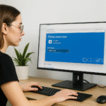 Alterar o tipo de conta no Windows 11: segurança e poder em 4 etapas Alterar tipo de conta no Windows 11 - Texto alternativo: Mulher usando um computador com Windows 11 mostrando a tela para alterar o tipo de conta, com opções para selecionar o tipo de usuário e botões OK e Cancelar.