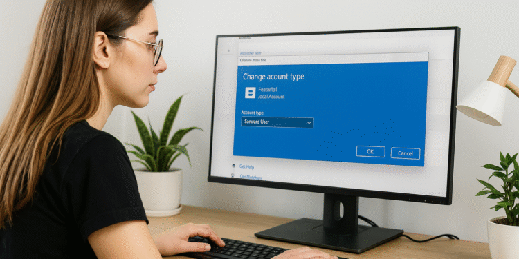 Kontotyp in Windows 11 ändern – Alternativtext: Frau verwendet einen Windows 11-Computer und zeigt den Bildschirm zum Ändern des Kontotyps mit Optionen zum Auswählen des Benutzertyps sowie den Schaltflächen „OK“ und „Abbrechen“.